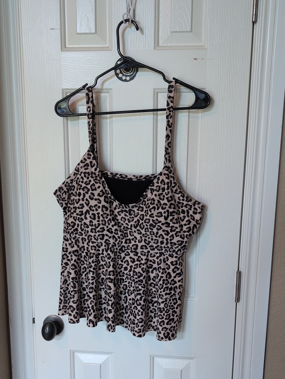 Leopard Print Swim Top with Peplum Hem - Black and Tan